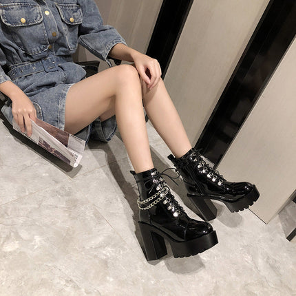 Patent leather platform block heel Martin boots