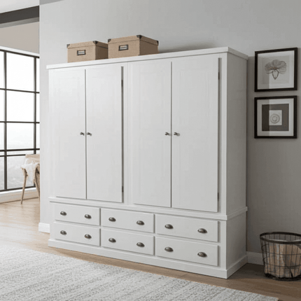 Pine Wooden Wardrobe 6 Drawers 4 Doors – Solid FSC-Certified Wood, Available in White, Grey & Dark Grey
