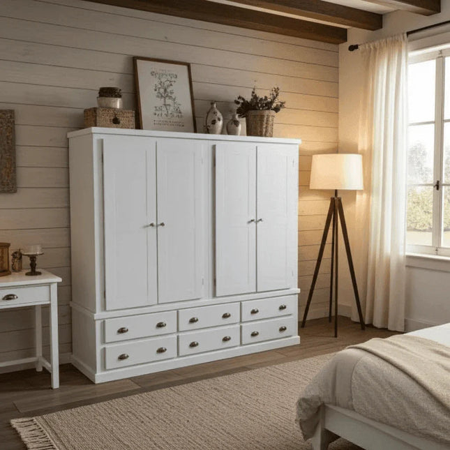 Pine Wooden Wardrobe 6 Drawers 4 Doors – Solid FSC-Certified Wood, Available in White, Grey & Dark Grey