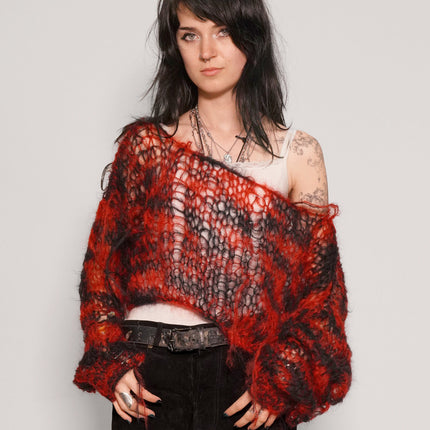 "PISTOLS" Mohair Hand Knit Cropped Sweater - Red & Black