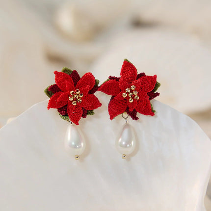 Poinsettia Christmas red flower Micro Crochet Earrings