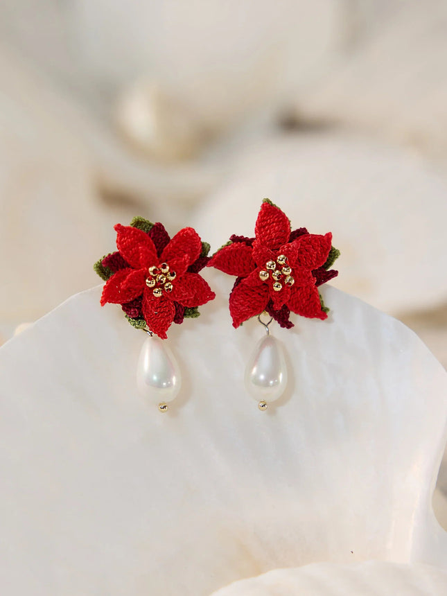 Poinsettia Christmas red flower Micro Crochet Earrings