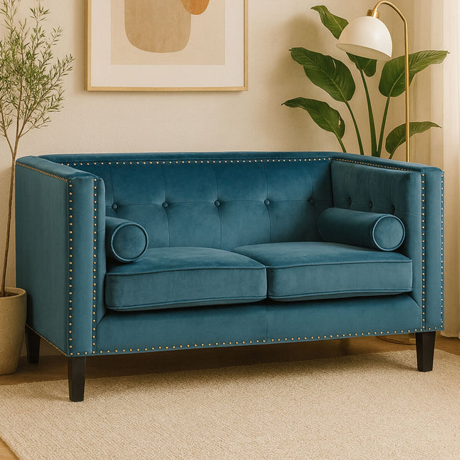 2 Seater Teal Blue Velvet Sofa, Felisa