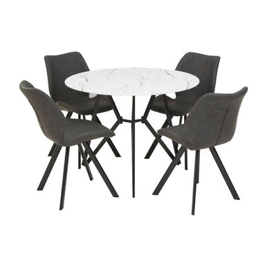 White Round Marble Effect Top and Grey Meta Frame Dining Table with Grey 6 Chairs Set, Weston