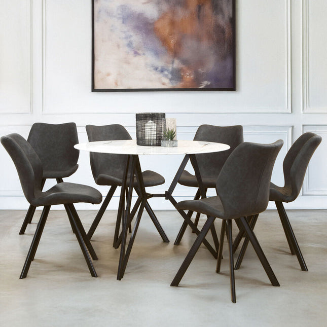 White Round Marble Effect Top and Grey Meta Frame Dining Table with Grey 6 Chairs Set, Weston