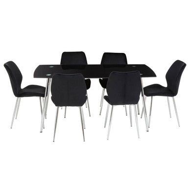 Black Tempered Glass Top and Silver Frame Dining Table with 6 Chairs Set, Wimslow
