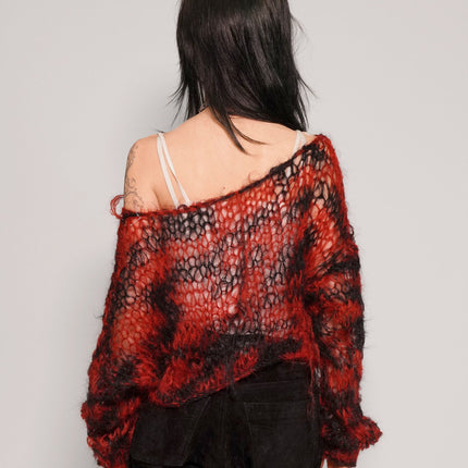 "PISTOLS" Mohair Hand Knit Cropped Sweater - Red & Black