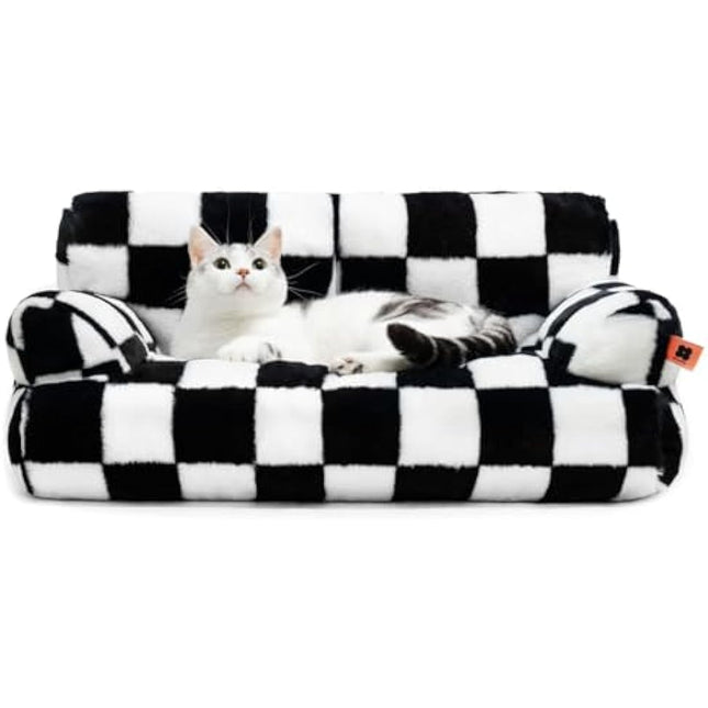 MEWOOFUN Stylish Cat Bed for Indoor Cars Large - Fluffy and Soft Cat Sofa Bed Small Dog Sofa Bed for Dogs and Cats - 66x48cm Cute Cat Bed Couch with Non-slip Bottom, Checkerboard