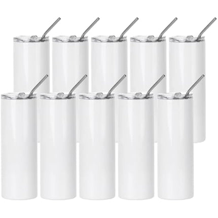 PYD Life 10 Pack Sublimation Tumblers Bulk Blank 20 OZ Skinny White Stainless Steel Tumbler Cups with Straw and Lid for Mug Tumbler Heat Press Sublimation Oven Printing