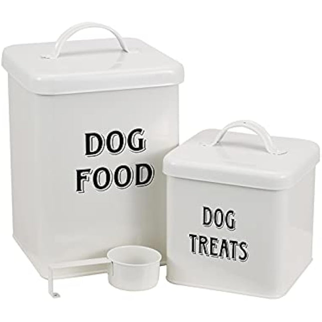Morezi Pet Food and Treats Containers Set with Scoop for Cats or Dogs - Cream Powder-Coated Carbon Steel - Tight Fitting Lids - Storage Canister Tins - Dog Food