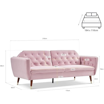 Bravich 'Victoria' 3 Triple Seater Velvet Fabric Sofa Bed- Rose Click Clack Mechanism Sofa Bed With Gold Accent Legs. Living Room Furniture For Adult Guest Bed. Comfy Living Settee Couch Futon