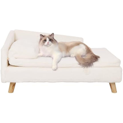 BingoPaw Elevated Dog Sofa Bed: L Shaped Raised Dog Lounger Couch with Durable Wooden Legs - Nordic Plush Fur Pet Chair Bed with Soft Removable Cushion Mat and Pillow M(70x40cm