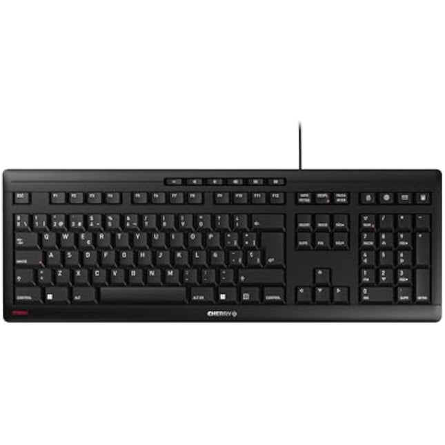 CHERRY STREAM KEYBOARD, Wired Keyboard, Spanish Layout (QWERTY), Whisper-Quiet Keystrokes, Unique Typing Experience, Flat Design, Black