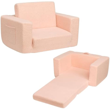 BEJOY Kids Sofa Bed 2-in-1 Fold Out Bed Cuddly Teddy Fur Toddler Couch Convertible Sofa to Lounger Toddler Armchair Kids Chair Children's Day and Birthday Gift for Girls Boys, Misty Rose