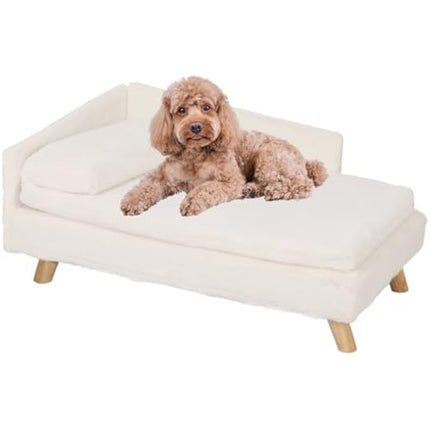 BingoPaw Elevated Dog Sofa Bed: L Shaped Raised Dog Lounger Couch with Durable Wooden Legs - Nordic Plush Fur Pet Chair Bed with Soft Removable Cushion Mat and Pillow L(80x50cm)