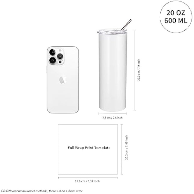 PYD Life 10 Pack Sublimation Tumblers Bulk Blank 20 OZ Skinny White Stainless Steel Tumbler Cups with Straw and Lid for Mug Tumbler Heat Press Sublimation Oven Printing