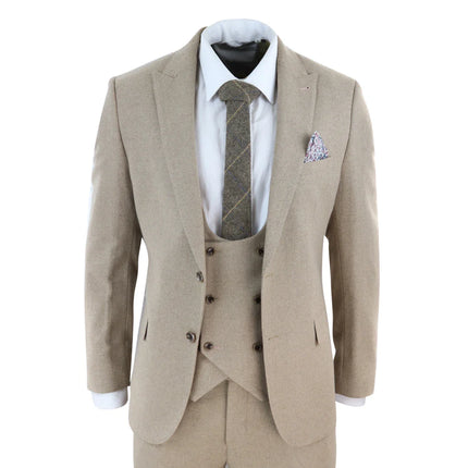 AK-23 - Men Tweed 3 Piece Suit Tan Oak Double Breasted Wedding