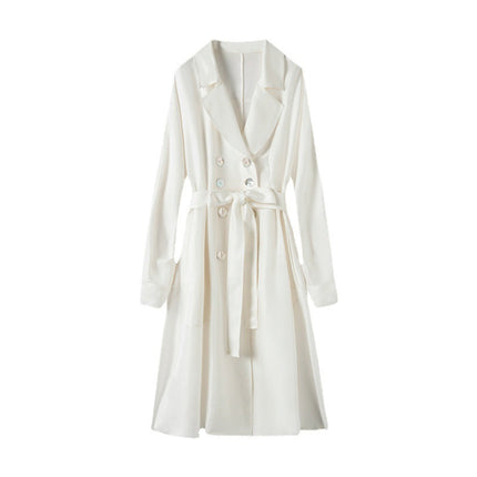 Women's Over-the-Knee Mid-Length Trench Coat with Silk Waist Belt - Elegant Winter Coat