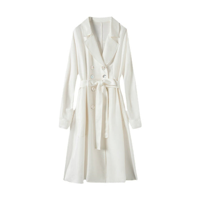 Women's Over-the-Knee Mid-Length Trench Coat with Silk Waist Belt - Elegant Winter Coat