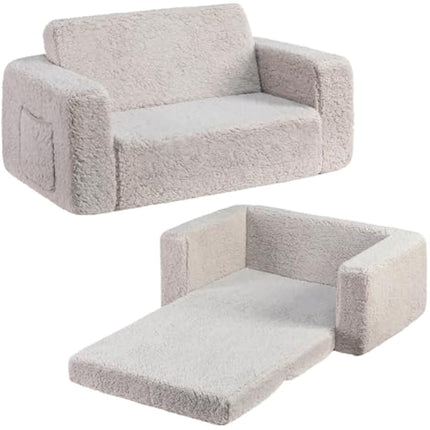 BEJOY Kids Sofa Bed, Extra Wide 2-in-1 Toddler Soft Sherpa Couch Fold Out, Convertible toddler bed to Lounger for Girls and Boys, Light Grey
