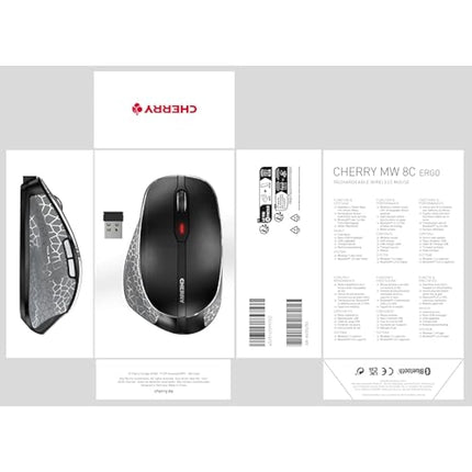 CHERRY MW 8C ERGO, Wireless Mouse with Ergonomic Thumb Rest for Right-Handers, Bluetooth or 2.4 GHz RF Connection, Rechargeable, Black