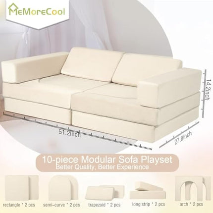 MeMoreCool 10-Pieces Kids Play Sofa Bed, Modular Toddler Chair Couch for Playroom, Fold Out Foam Couch for Girls Boys, Convertible Children Sectional Playset, Beige