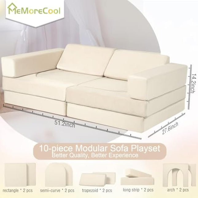 MeMoreCool 10-Pieces Kids Play Sofa Bed, Modular Toddler Chair Couch for Playroom, Fold Out Foam Couch for Girls Boys, Convertible Children Sectional Playset, Beige
