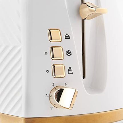 Russell Hobbs Groove 2 Slice Toaster (High Lift, Extra Wide Slots, 6 Browning levels, Frozen/Cancel/Reheat function - Illuminated buttons, Removable crumb tray, 850W, White, Brushed gold accents)26391