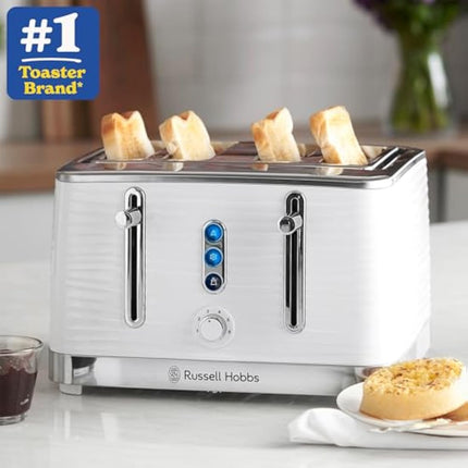 Russell Hobbs Inspire 4 Slice Toaster (Extra wide slots, High lift feature, 6 Browning levels, Frozen/Cancel/Reheat function with Blue LED illumination, 1800W, White textured high gloss) 24380