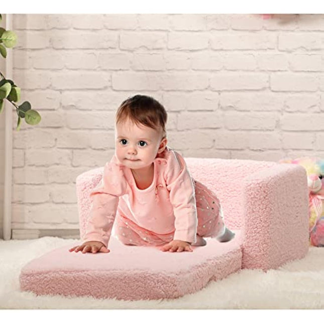 BEJOY Kids Sofa Bed 2-in-1 Flip Out Cuddly Sherpa Toddler Couch Convertible Sofa to Lounger Children Sofa Bed Children's Day and Birthday Gift for Girls Boys, Pink