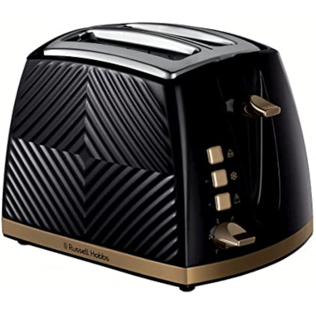 Russell Hobbs Groove 2 Slice Toaster (High Lift, Extra Wide Slots, 6 Browning levels, Frozen/Cancel/Reheat function - Illuminated buttons, Removable crumb tray, 850W, Black, Brushed gold accents)26390