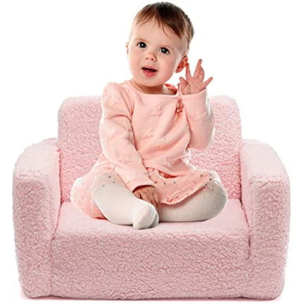BEJOY Kids Sofa Bed 2-in-1 Flip Out Cuddly Sherpa Toddler Couch Convertible Sofa to Lounger Children Sofa Bed Children's Day and Birthday Gift for Girls Boys, Pink
