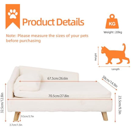 BingoPaw Elevated Dog Sofa Bed: L Shaped Raised Dog Lounger Couch with Durable Wooden Legs - Nordic Plush Fur Pet Chair Bed with Soft Removable Cushion Mat and Pillow M(70x40cm