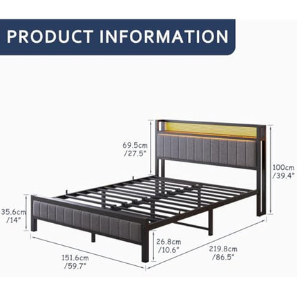MOFLUT King Size Bed Frame with Upholstered Headboard, Wooden Storage Headboard Shelf, 5ft Upholstered Bed Frame Kingsize with Charging Station/USB Ports and LED Lights (Gray King Bed)