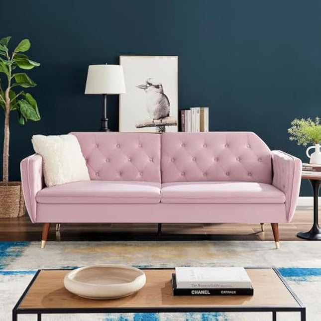 Bravich 'Victoria' 3 Triple Seater Velvet Fabric Sofa Bed- Rose Click Clack Mechanism Sofa Bed With Gold Accent Legs. Living Room Furniture For Adult Guest Bed. Comfy Living Settee Couch Futon