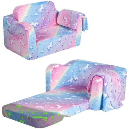 MeMoreCool Folding Kids Sofa Bed, Toddler Sofa Chair, Soft Plush Fold Out Kids Couch Glow in The Dark, Comfy Baby Recliner for Girls & Boys, Glowing Unicorn