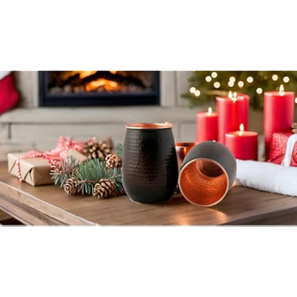STAGLIFE 16 Oz Pure Copper Tumblers for Drinking Water Cups Mugs Glasses Set of 2, Solid Moscow Mule Hammered Tall Black Tumbler Cup Mug Glass with No Handle, Brushed/Large