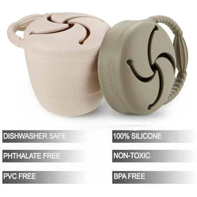 PandaEar 2 Pack Toddler Snack Pots, Collapsible Silicone Baby Snack Pots Cups, Spill Proof Toddler Snack Box Storage Container Food Catcher, Light Tan/Walnut