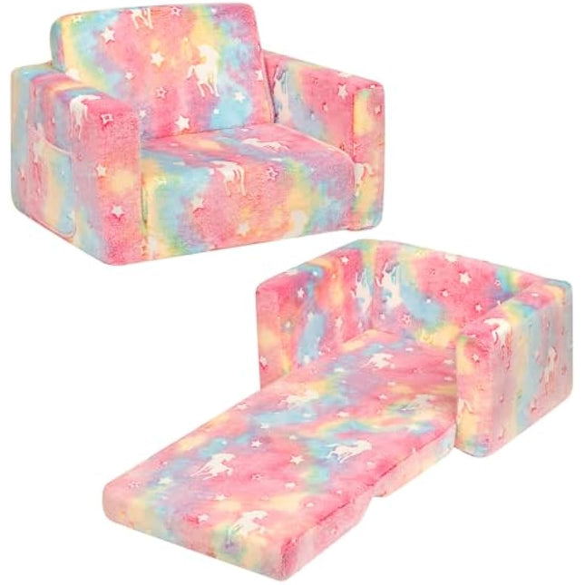 BEJOY Kids Sofa Bed 2-in-1 Flip Out Cuddly Flannel Toddler Couch Convertible Sofa to Lounger Children Sofa Bed Children's Day and Birthday Gift for Girls Boys, Candy Floss with Unicorns