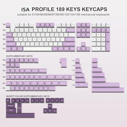 dagaladoo XVX 189-Key Double Shot PBT Keycaps, XVX Profile for Cherry/Gateron MX Switches, 60%/65%/75%/100% Mechanical Keyboards, White/Purple