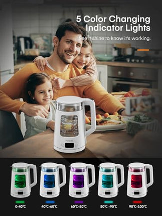 Electric Kettle, 1.7L Glass Tea Kettle, with Keep Warm, 5 Temperature Control, 2200W Fast Boil, Auto Shut-Off & Boil-Dry Protection, with 5 Colored