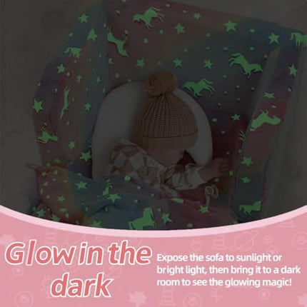 MeMoreCool Folding Kids Sofa Bed, Toddler Sofa Chair, Soft Plush Fold Out Kids Couch Glow in The Dark, Comfy Baby Recliner for Girls & Boys, Glowing Unicorn