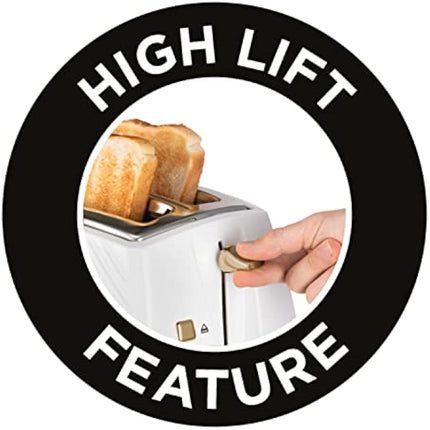 Russell Hobbs Groove 2 Slice Toaster (High Lift, Extra Wide Slots, 6 Browning levels, Frozen/Cancel/Reheat function - Illuminated buttons, Removable crumb tray, 850W, White, Brushed gold accents)26391