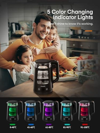 Electric Kettle, 1.7L Glass Tea Kettle, with Keep Warm, 5 Temperature Control, 2200W Fast Boil, Auto Shut-Off & Boil-Dry Protection, with 5 Colored