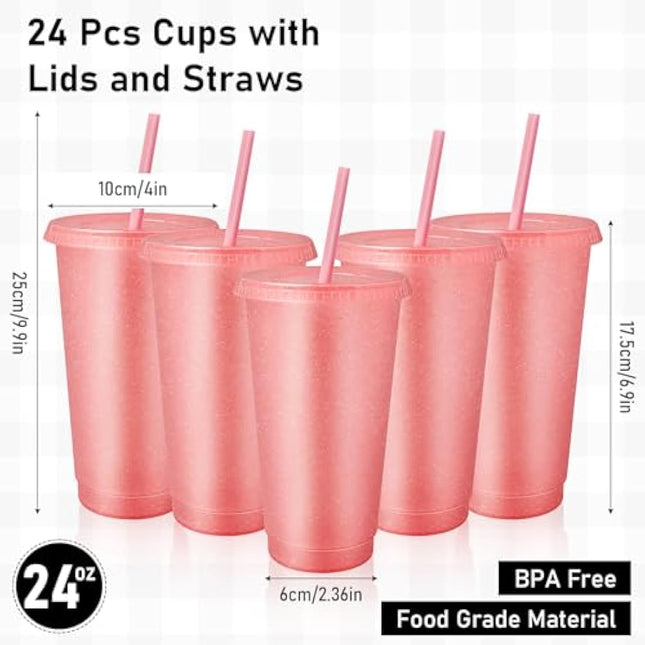 24 Pcs Reusable Cups with Lids and Straws 24 oz Glitter Iced Coffee Tumbler Plastic Travel Mug Cup for Smoothie Juices Birthday Sleepover Party Supplies (Light Pink)