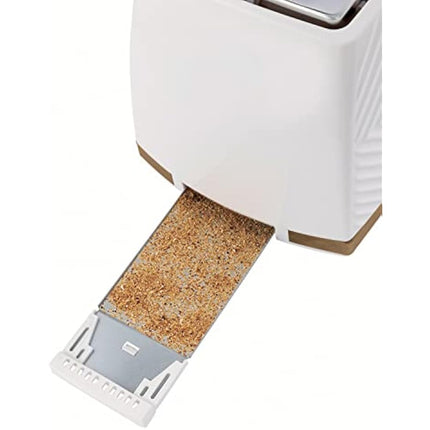 Russell Hobbs Groove 2 Slice Toaster (High Lift, Extra Wide Slots, 6 Browning levels, Frozen/Cancel/Reheat function - Illuminated buttons, Removable crumb tray, 850W, White, Brushed gold accents)26391