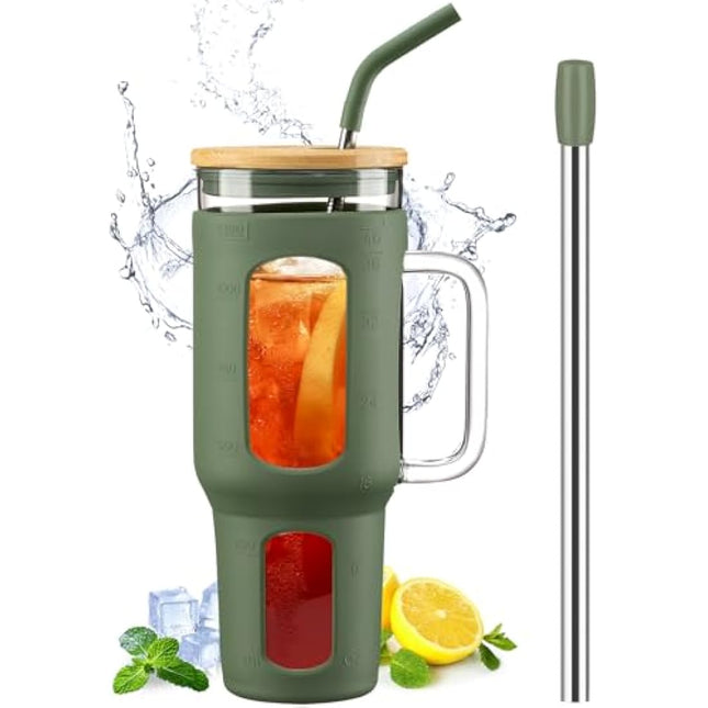 BLUEGO Glass Tumbler with Lid and Straw, 1400ml Iced Coffee Cup with Handle, Glass Water Bottles with Silicone Sleeve, 1.4L Glass Cup with 2 Straws, BPA Free, Olive