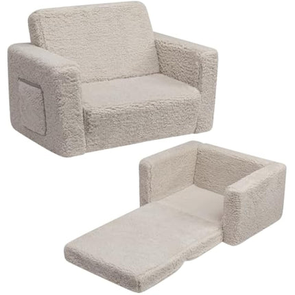 BEJOY Kids Sofa Bed 2-in-1 Flip Out Cuddly Sherpa Toddler Couch Convertible Sofa to Lounger Children Sofa Bed Children's Day and Birthday Gift for Girls Boys, Light Grey