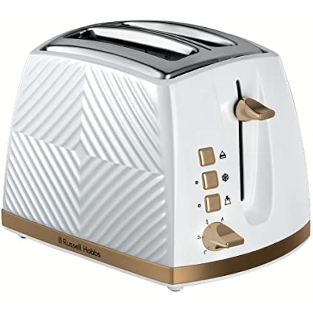 Russell Hobbs Groove 2 Slice Toaster (High Lift, Extra Wide Slots, 6 Browning levels, Frozen/Cancel/Reheat function - Illuminated buttons, Removable crumb tray, 850W, White, Brushed gold accents)26391