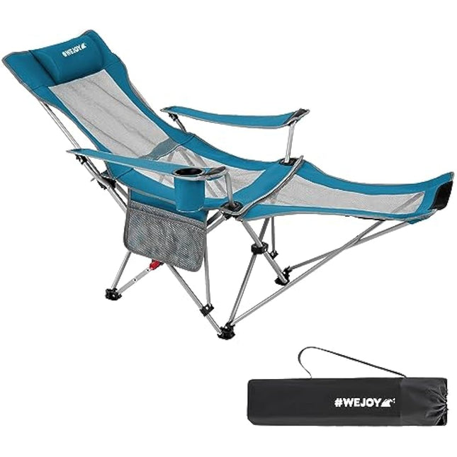 #WEJOY Camping Chairs Folding Recliner Chair Adjustable with Detachable Footrest Headrest Cup Holder Lightweight Portable Reclining Camp Chair Fold Up Chair for Outdoor Beach Garden,Cyan
